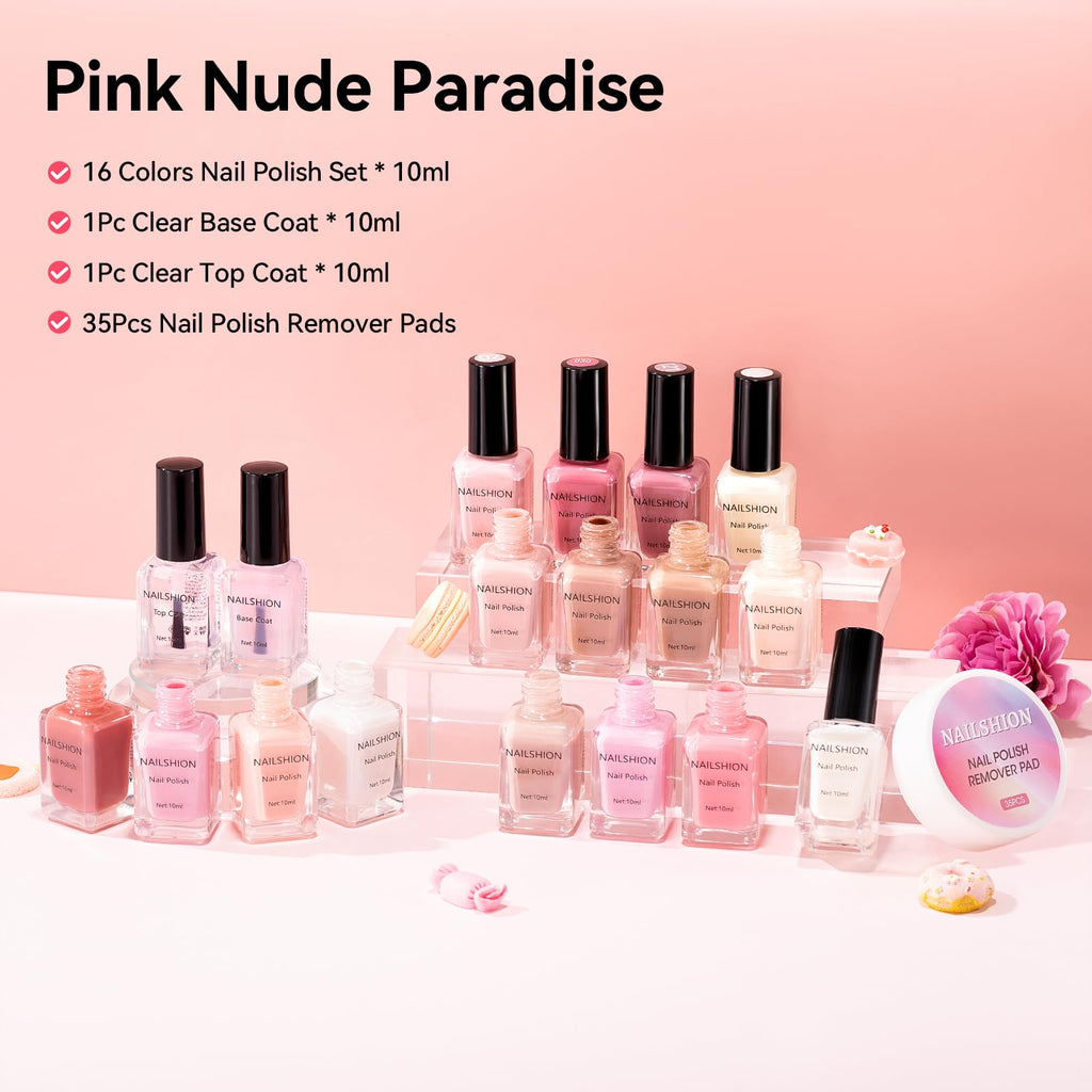 Nailshion 16-Color Nail Polish Set with Base & Top Coat and Remover Pads