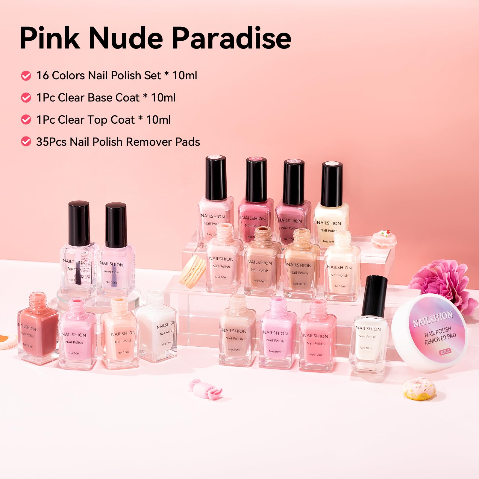 Nailshion 16-Color Nail Polish Set with Base & Top Coat and Remover Pads