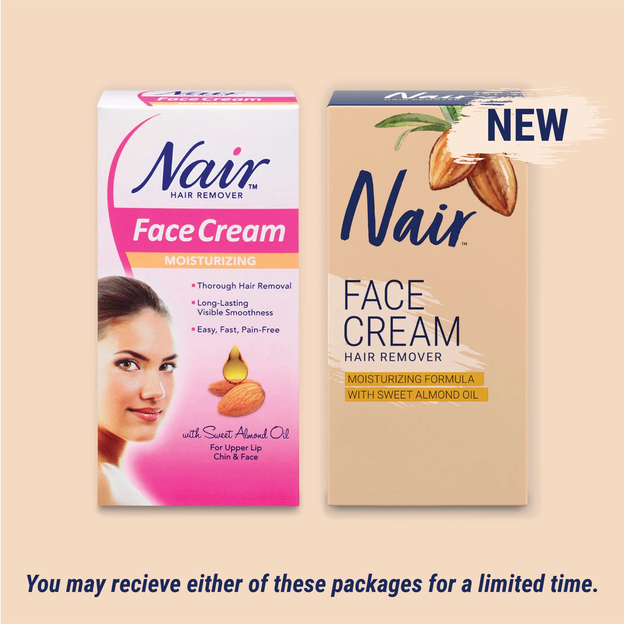 Nair Hair Remover Moisturizing Face Cream with Sweet Almond Oil – 2 oz (Pack of 5)