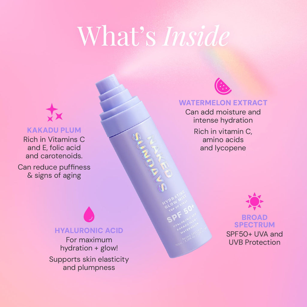 Naked Sundays SPF 50 Hydrating Glow Face Mist – Daily Sunscreen Setting Spray with Hyaluronic Acid (75ml)