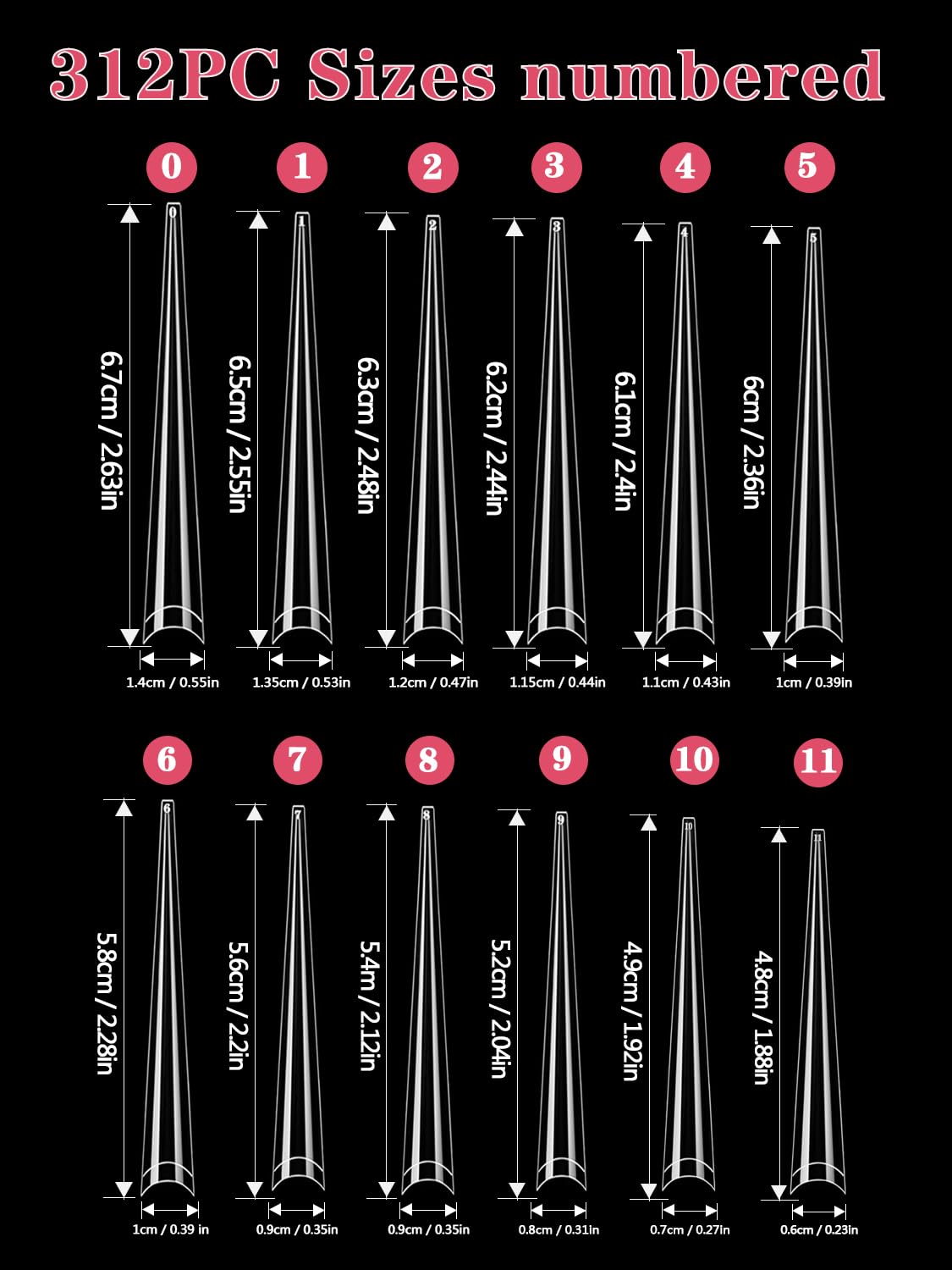 Namgznso 312Pcs Extra Long 4XL Stiletto Nail Tips – Half-Cover Clear Extensions in 12 Sizes