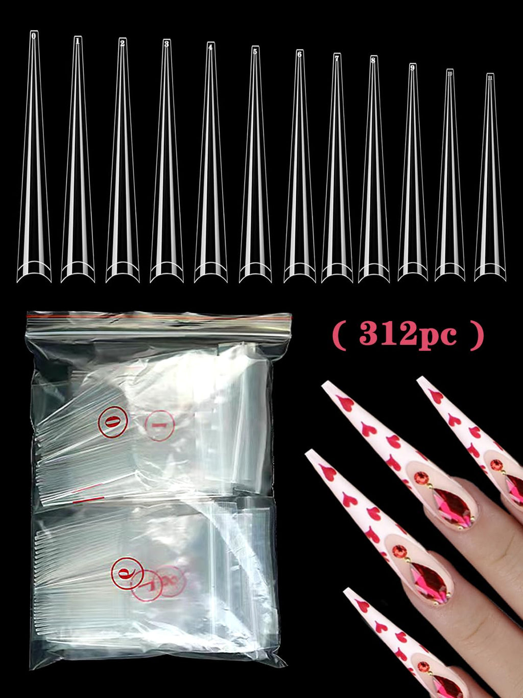 Namgznso 312Pcs Extra Long 4XL Stiletto Nail Tips – Half-Cover Clear Extensions in 12 Sizes