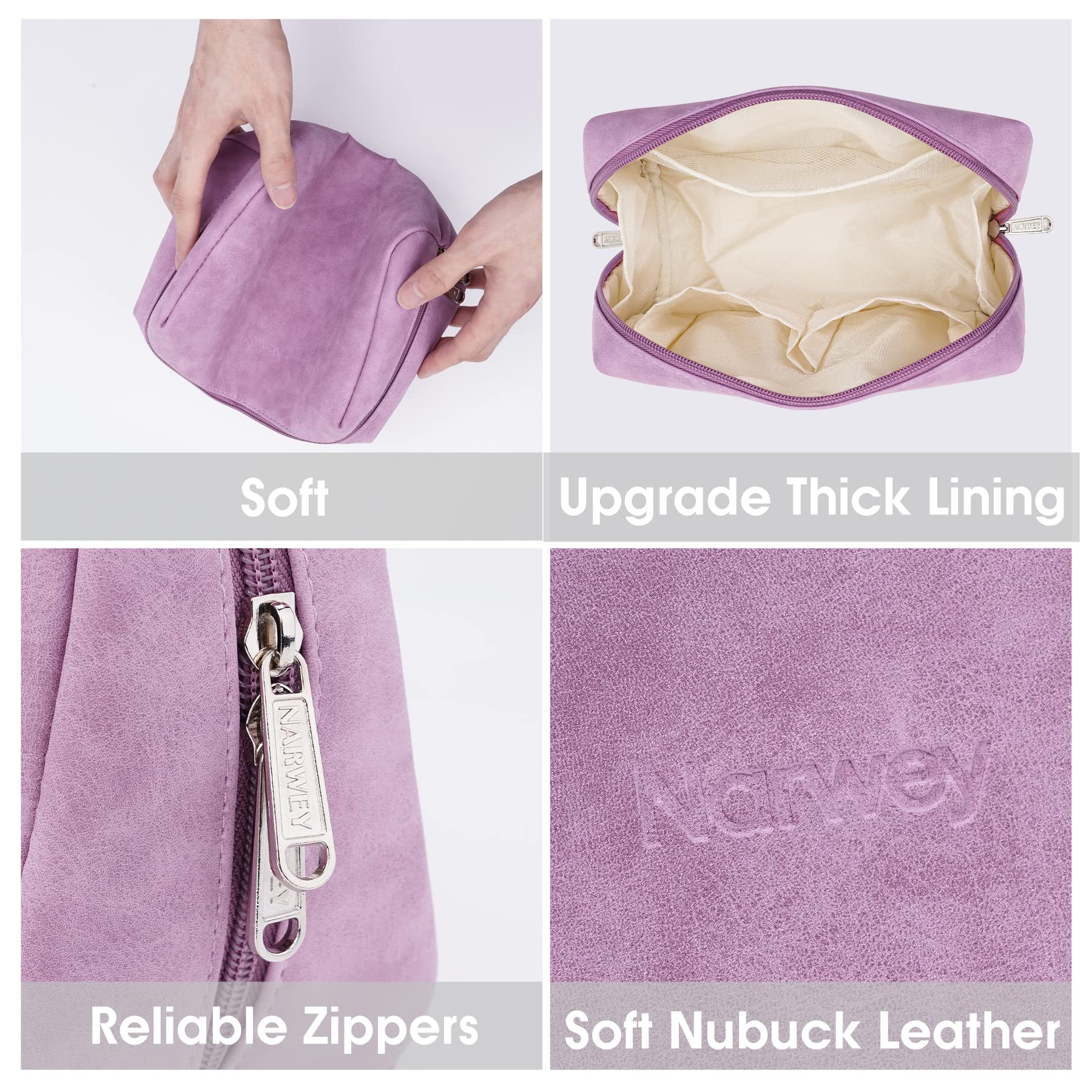 Narwey 2 Pack Vegan Leather Makeup Bags – Large & Small Zipper Pouches for Travel (Purple)