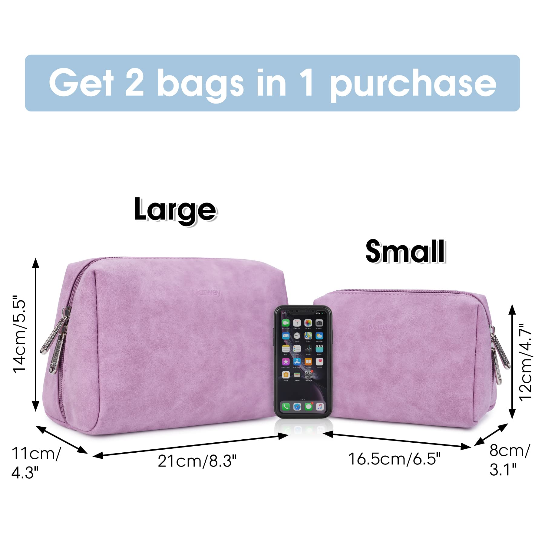 Narwey 2 Pack Vegan Leather Makeup Bags – Large & Small Zipper Pouches for Travel (Purple)