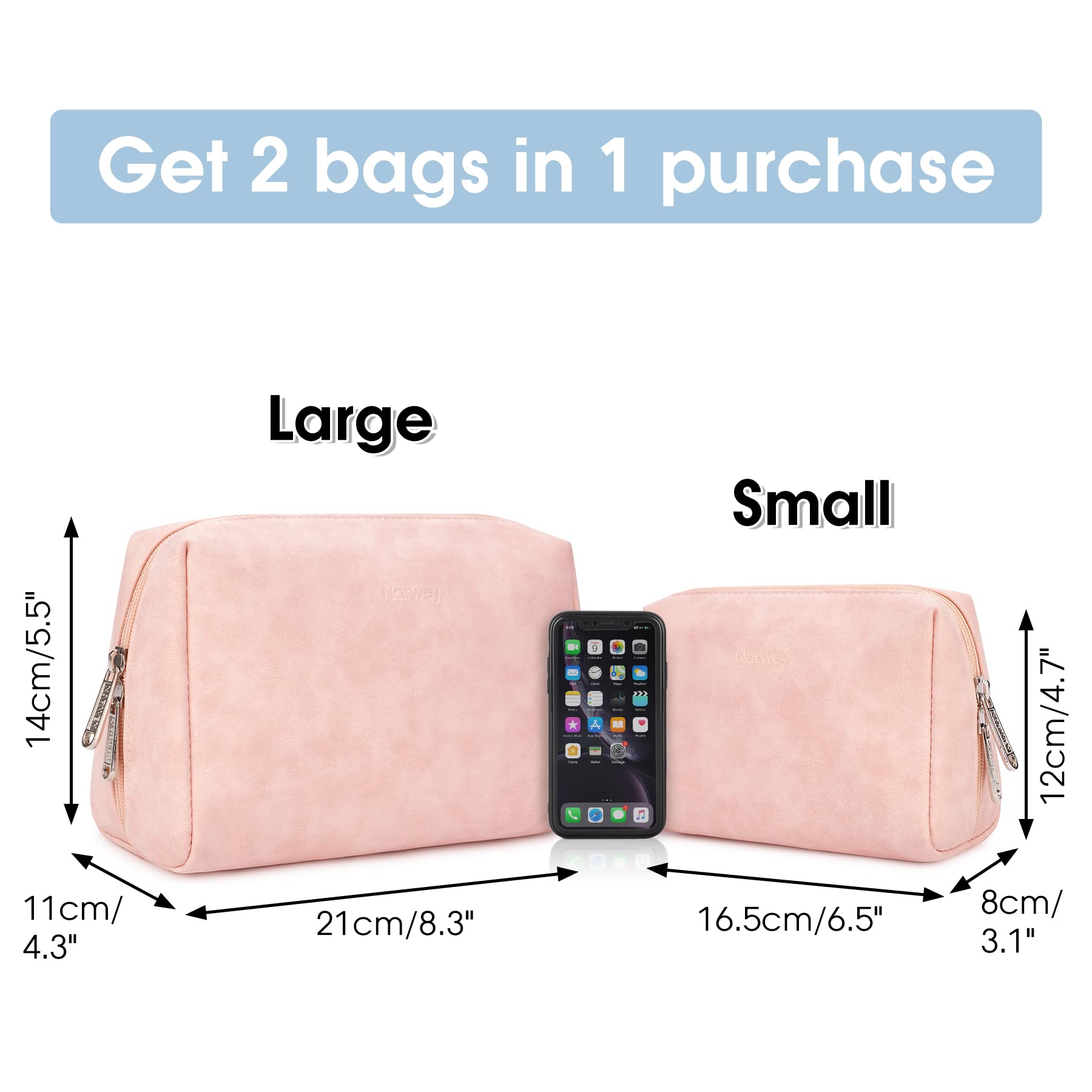 Narwey 2 Pack Vegan Leather Makeup Bags | Large & Small Zipper Pouches for Travel – Orange Pink