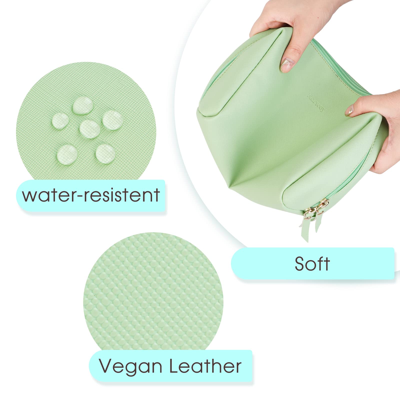 Narwey PU Leather Makeup Bag – Large Green Travel Organizer with Compartments