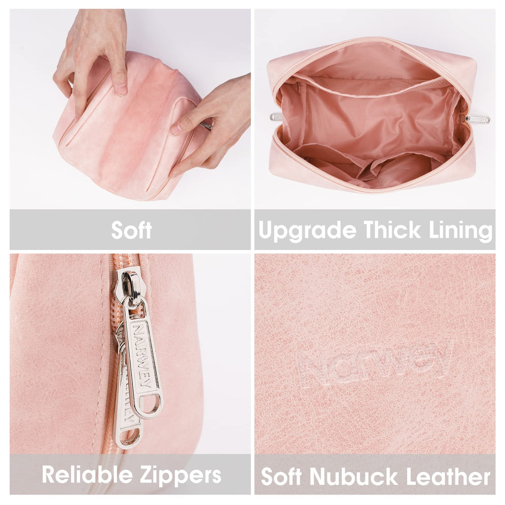 Narwey 2 Pack Vegan Leather Makeup Bags | Large & Small Zipper Pouches for Travel – Orange Pink
