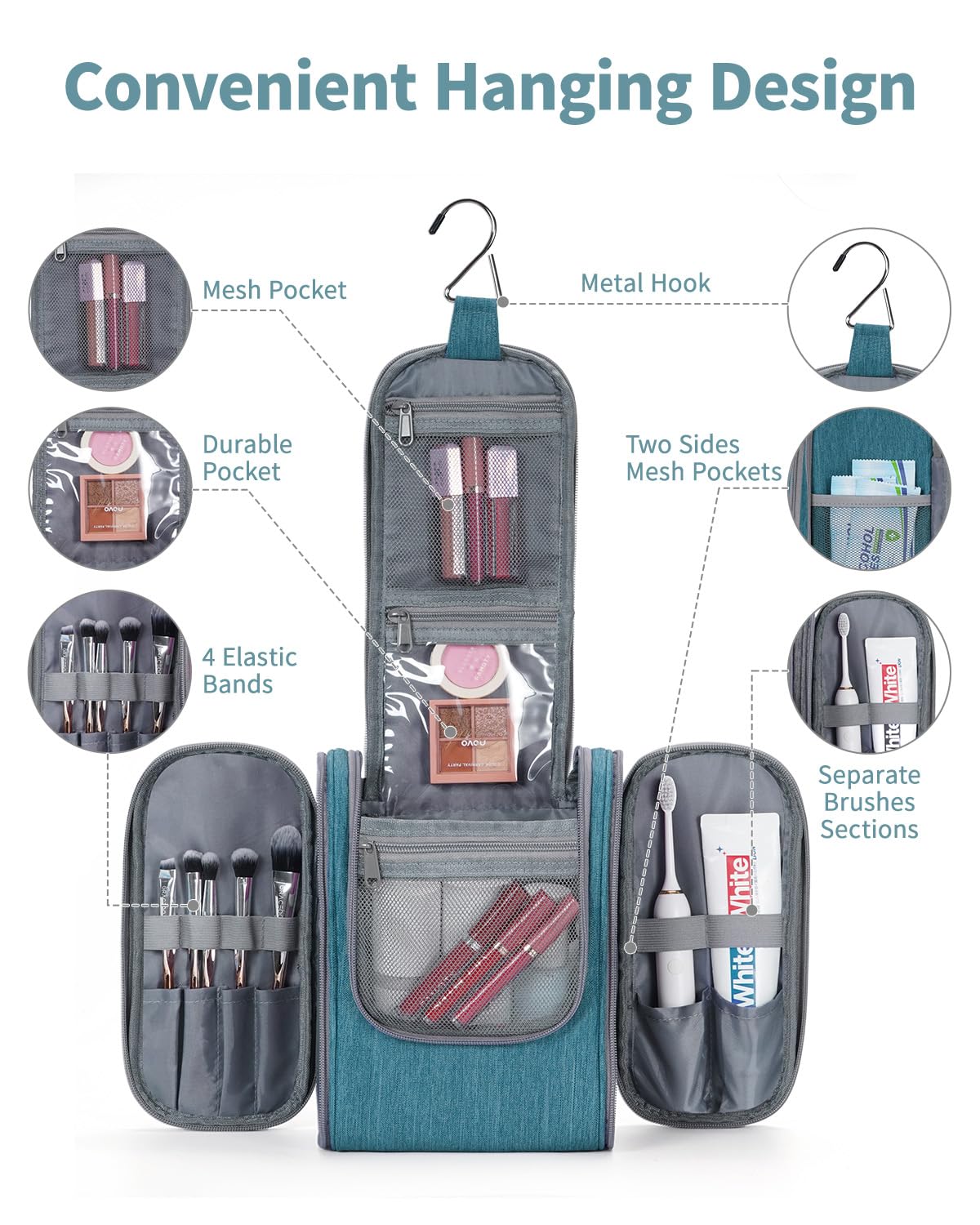 Narwey Medium Teal Hanging Travel Toiletry Bag – Compact Cosmetic Organizer for Women and Men