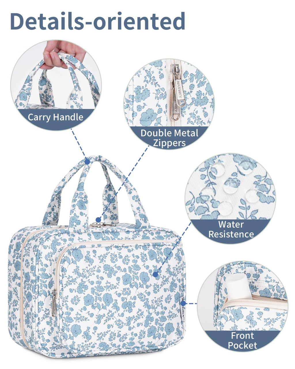 Narwey Travel Toiletry Bag Large Hanging Organizer – Little Blue Flower