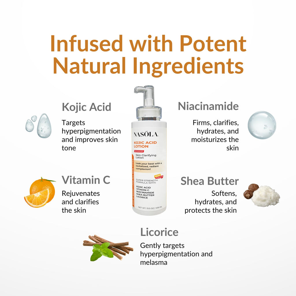 Nasola Kojic Acid Lotion - Natural Skin Clarifying with Vitamin C, Niacinamide & Shea Butter