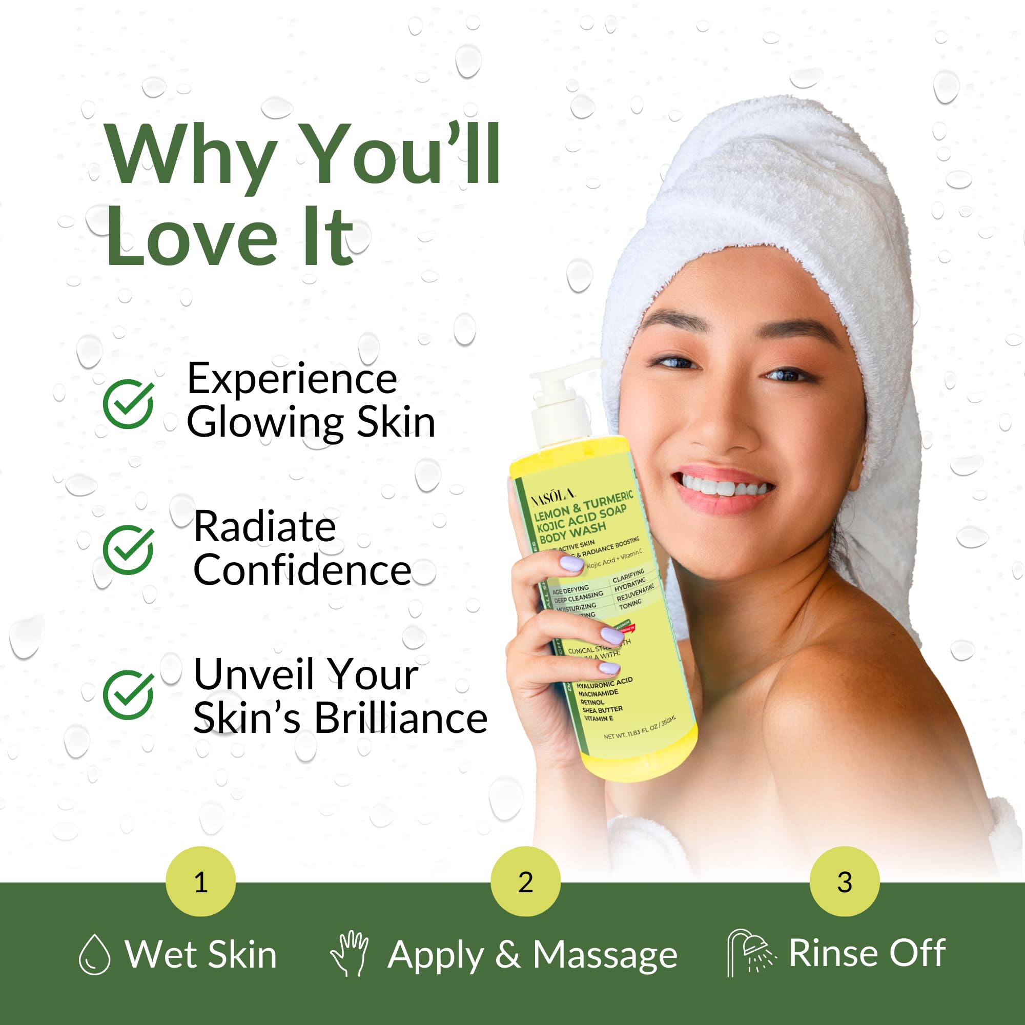 Nasola Lemon Turmeric Kojic Acid Soap Body Wash – Gentle Brightening Cleanser, 11.83 fl oz