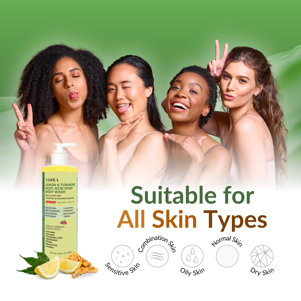 Nasola Lemon Turmeric Kojic Acid Soap Body Wash – Gentle Brightening Cleanser, 11.83 fl oz