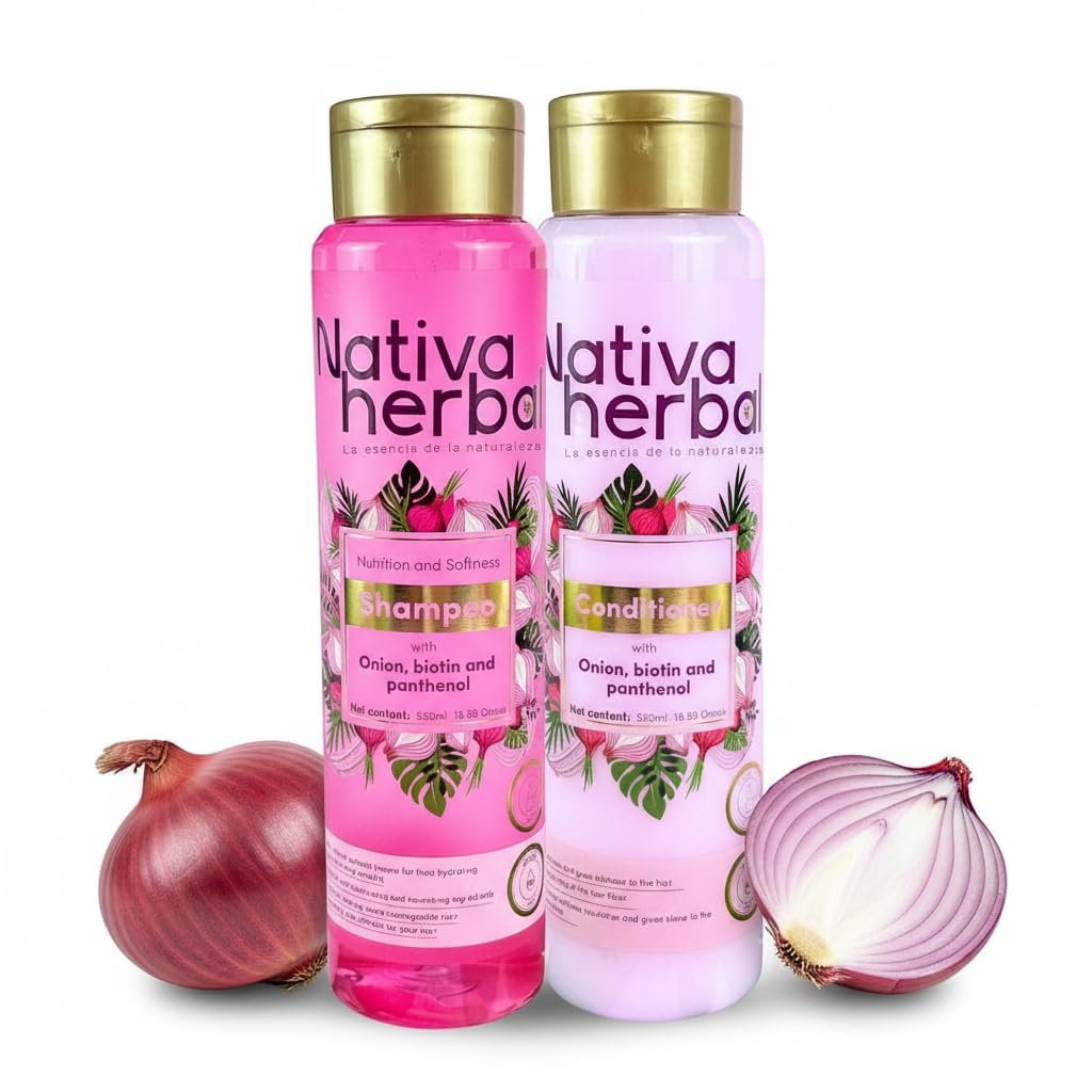 Nativa Herbal Onion Shampoo & Conditioner Set – Biotin & Panthenol, Anti-Frizz, 18.5 fl oz Each