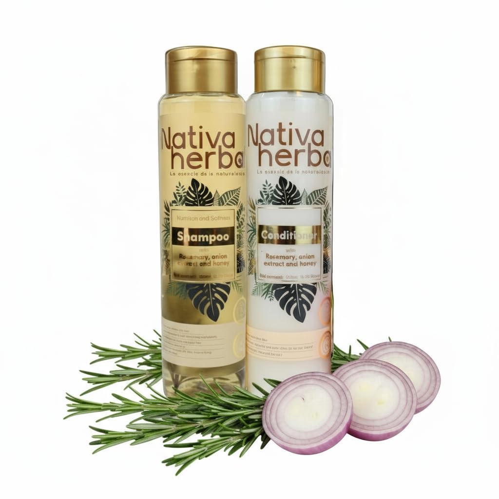 Nativa Herbal Rosemary & Onion Shampoo & Conditioner Set – Strengthens Roots, Shine, 18.5 oz Each (Paraben Free)