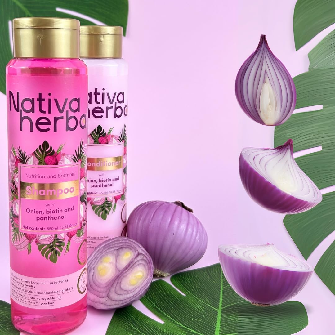 Nativa Herbal Onion Shampoo & Conditioner Set – Biotin & Panthenol, Anti-Frizz, 18.5 fl oz Each