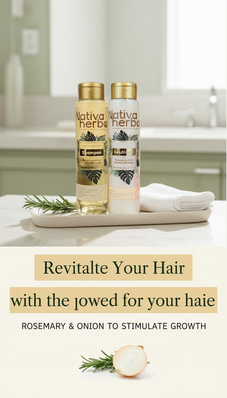 Nativa Herbal Rosemary & Onion Shampoo & Conditioner Set – Strengthens Roots, Shine, 18.5 oz Each (Paraben Free)