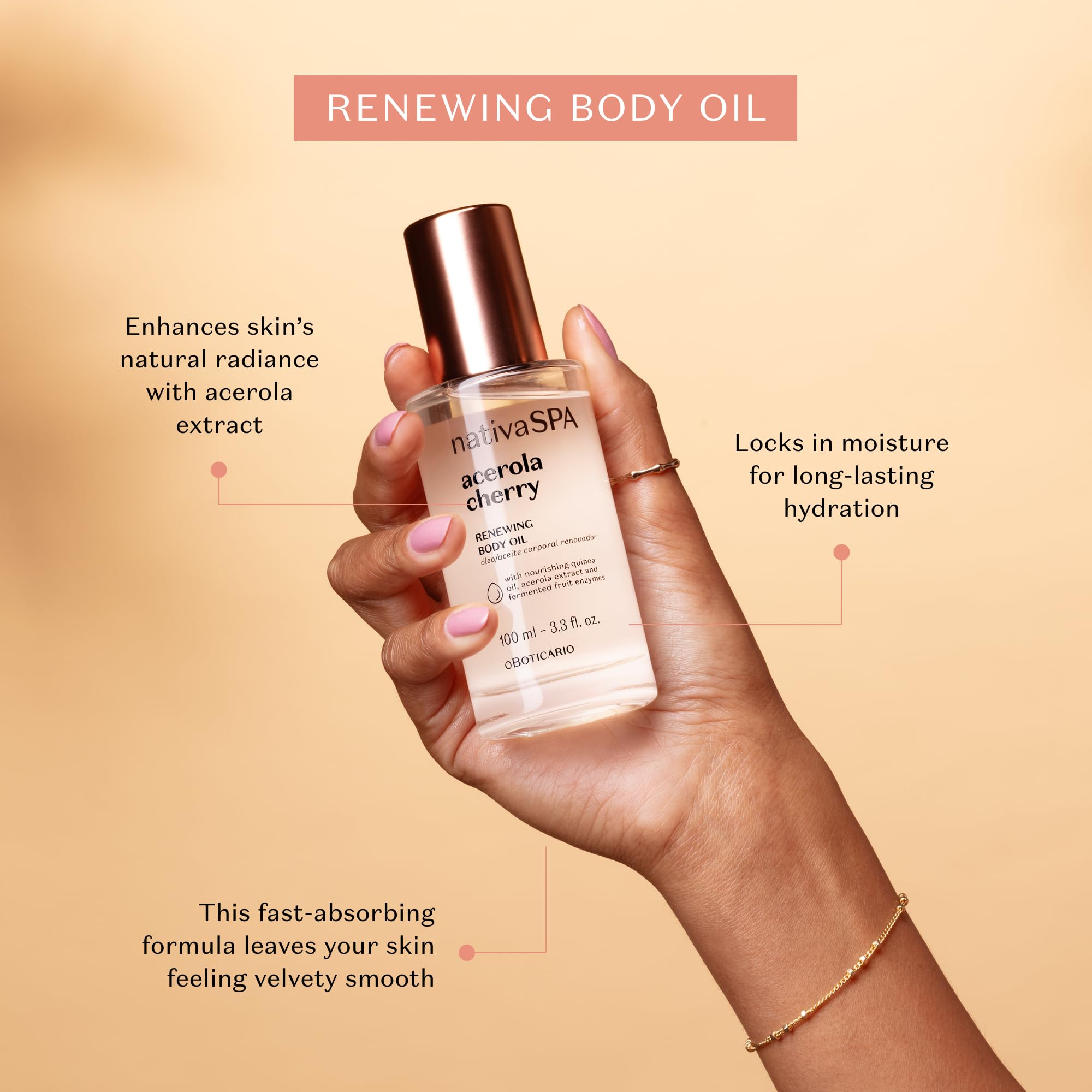 NATIVA SPA by O Boticário Acerola Cherry Renewing Body Oil – Luminous Glow & Deep Hydration | 3.38 oz (100 ml)