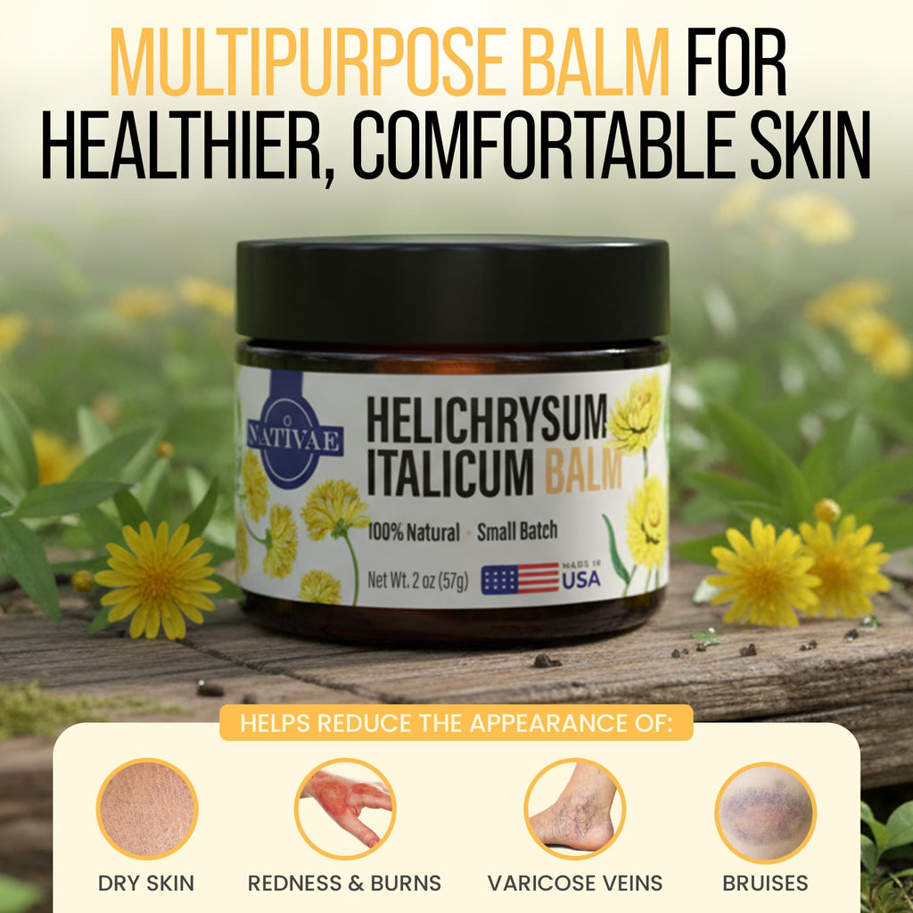 Nativae Helichrysum Balm – Helichrysum Italicum Essential Oil Skin Cream for Bruises, Veins, Burns & Redness – Soothing Moisturizer for Face & Body