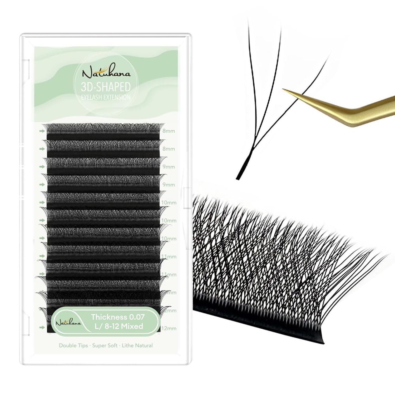 NATUHANA Eyelash Extensions 0.07 L Curl 8-12mm W Shaped Clover | Easy Fan Premade Lashes for Lash Techs