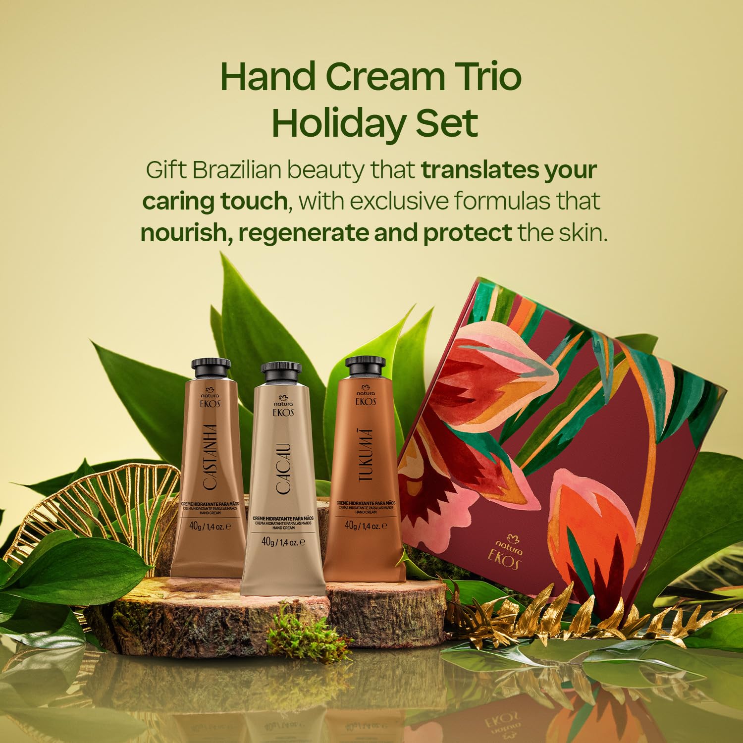 Natura Ekos Hand Cream Trio – 3x40g Vegan Gift Set (Brazil Nut, Tukumã, Cacau)