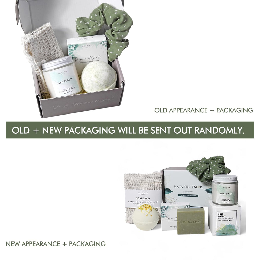 Natural Amor Green Spa Gift Set for Women – Peppermint Soap, Bath Bomb, Pine Candle & More