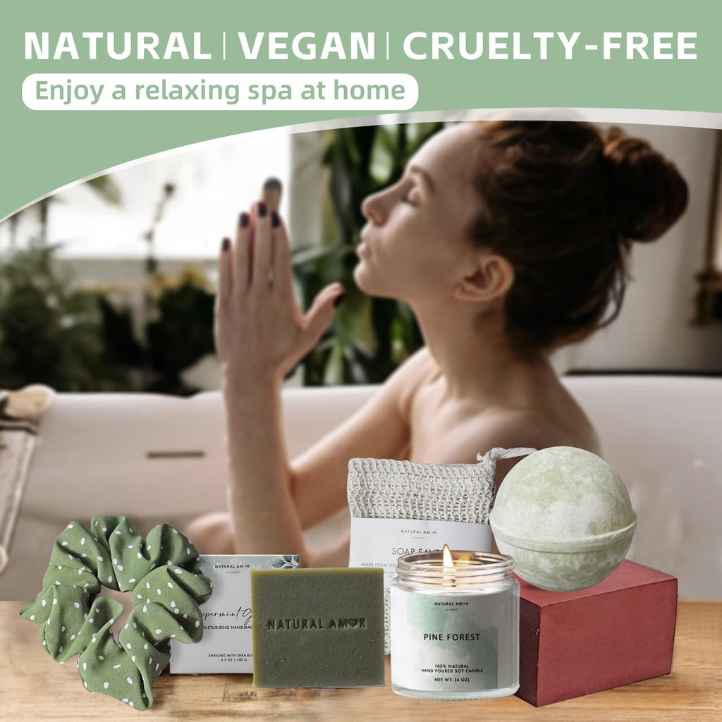 Natural Amor Green Spa Gift Set for Women – Peppermint Soap, Bath Bomb, Pine Candle & More