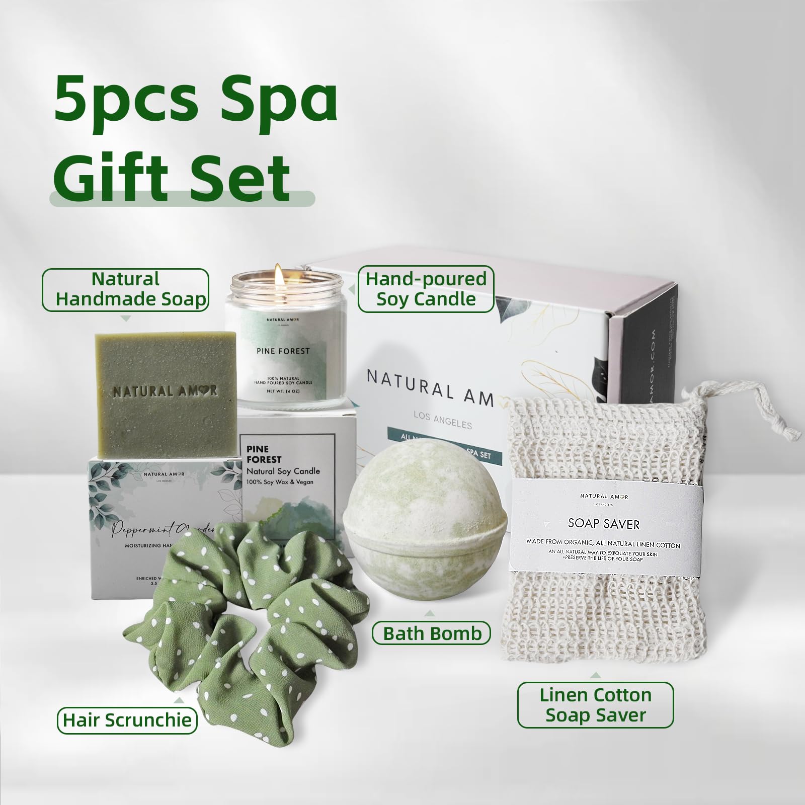 Natural Amor Green Spa Gift Set for Women – Peppermint Soap, Bath Bomb, Pine Candle & More