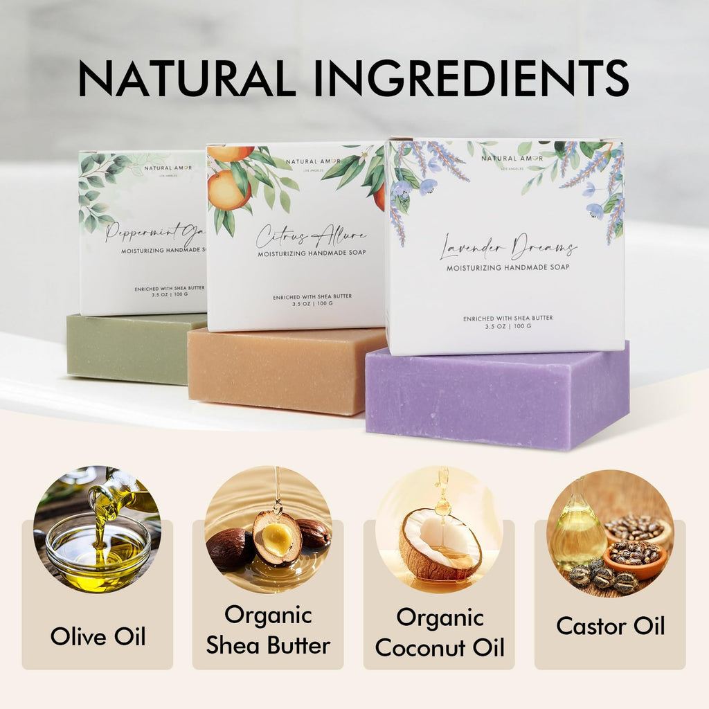 Natural Amor Handmade Soap Bar Set 3-Pack – Lavender, Peppermint & Citrus