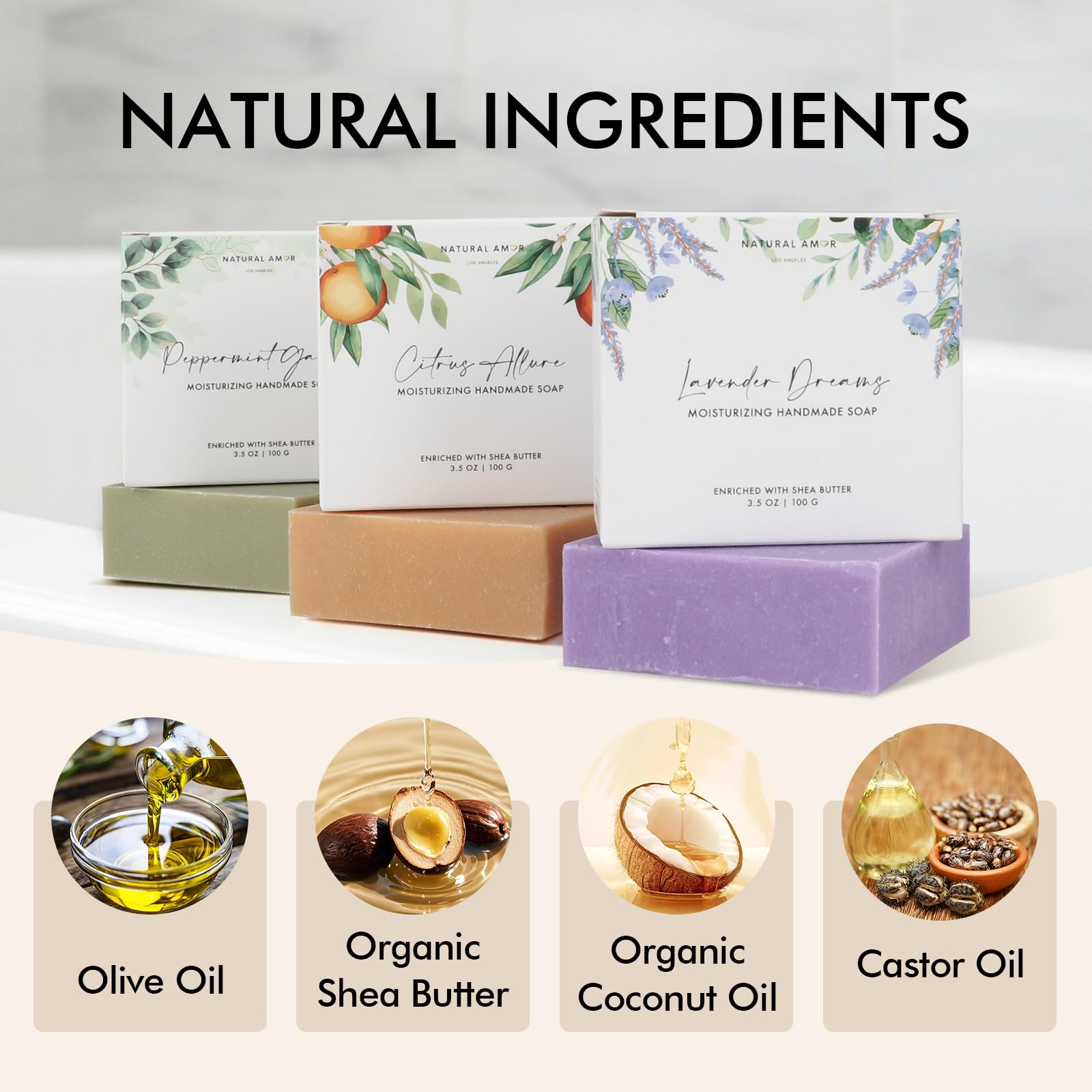 Natural Amor Handmade Soap Bar Set 3-Pack – Lavender, Peppermint & Citrus