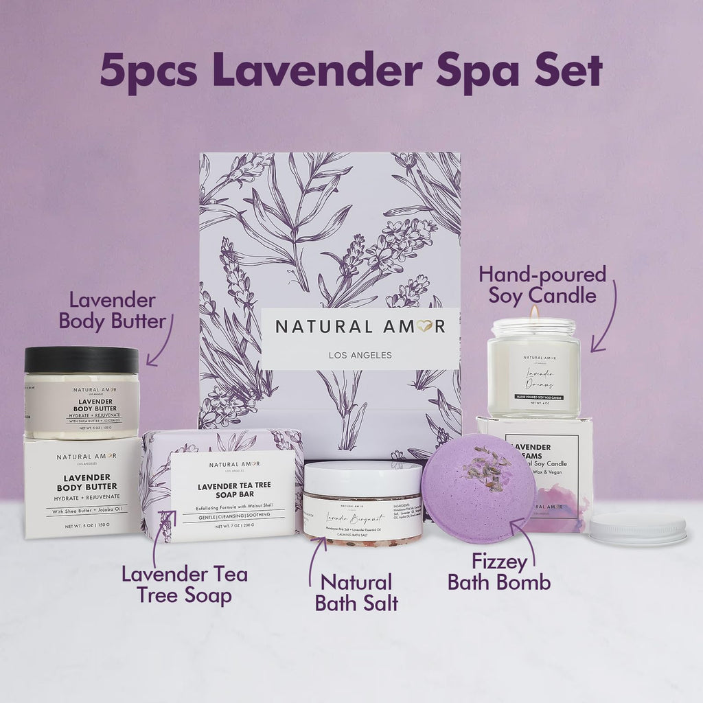 Natural Amor Lavender Spa Gift Set – 5-Piece Lavender Self-Care Kit | Bath Bomb, Body Butter, Soap, Bath Salt, Candle