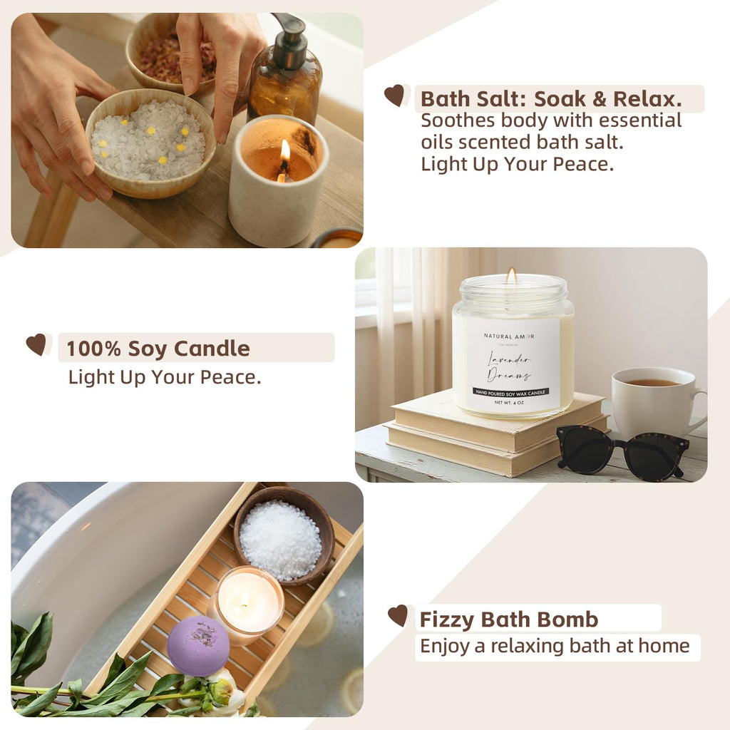 Natural Amor Lavender Spa Gift Set – 5-Piece Lavender Self-Care Kit | Bath Bomb, Body Butter, Soap, Bath Salt, Candle