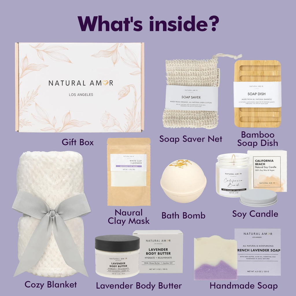 Natural Amor Los Angeles 8-Piece Spa Gift Set with Blanket — Lavender Body Butter, Soap & Candle