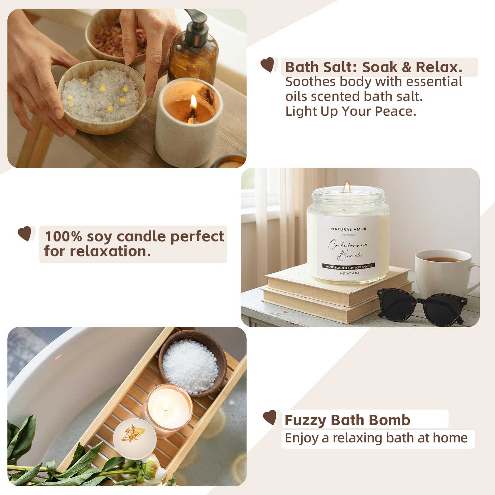 Natural Amor Los Angeles Handmade Spa Gift Set 6-Piece – Citrus Bath Bomb, Lavender Hand Cream, Soap & Candle