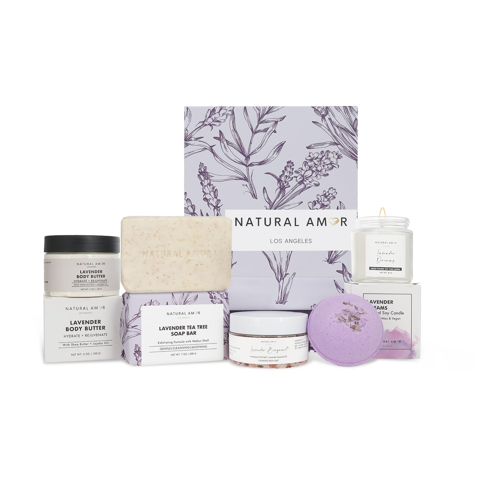 Natural Amor Lavender Spa Gift Set – 5-Piece Lavender Self-Care Kit | Bath Bomb, Body Butter, Soap, Bath Salt, Candle