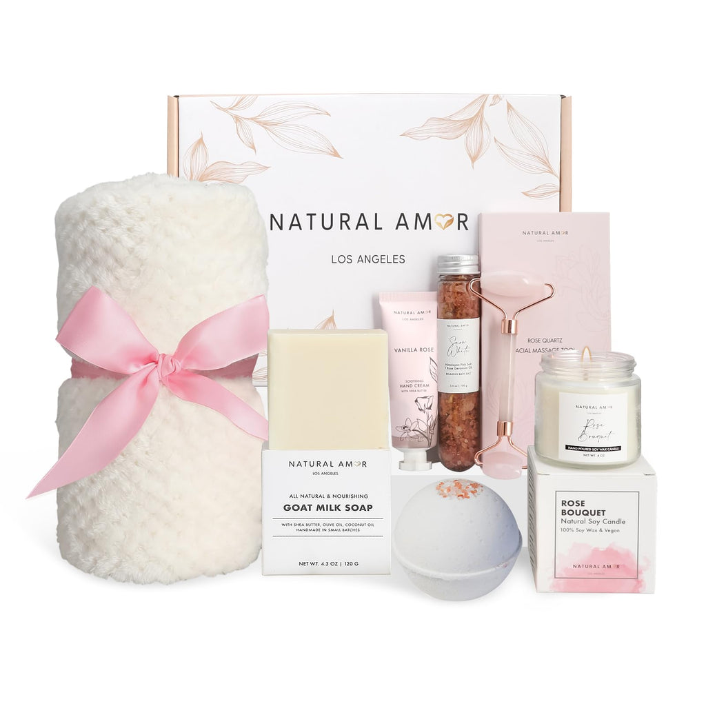 Natural Amor Spa Gift Set – 7-Piece Home Spa Box with Blanket, Bath Bomb, Candle & More