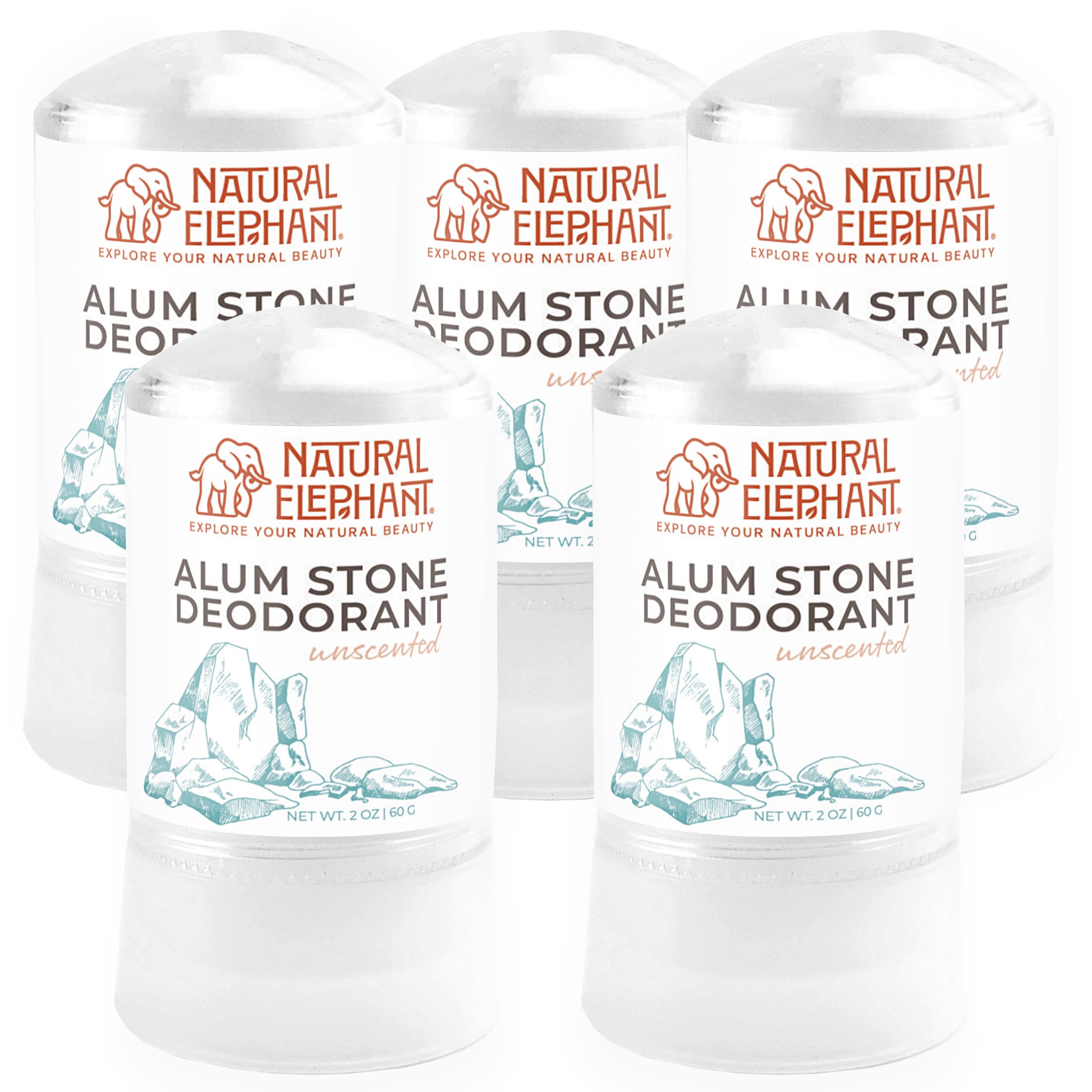 Natural Elephant Alum Stone Deodorant Stick 60g (2 oz) – Unscented, Aluminum-Free Salt Stone for Men & Women – 5 Pack