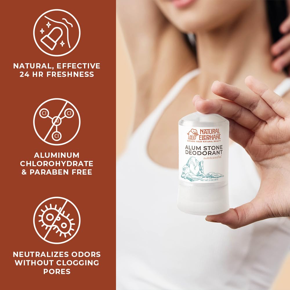 Natural Elephant Alum Stone Deodorant Stick 60g (2 oz) – Unscented, Aluminum-Free Salt Stone for Men & Women – 5 Pack