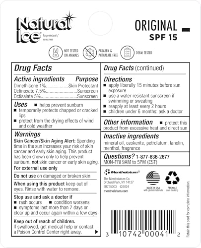 Natural Ice Lip Balm Original SPF 15 – 0.16 oz Tubes, Pack of 48