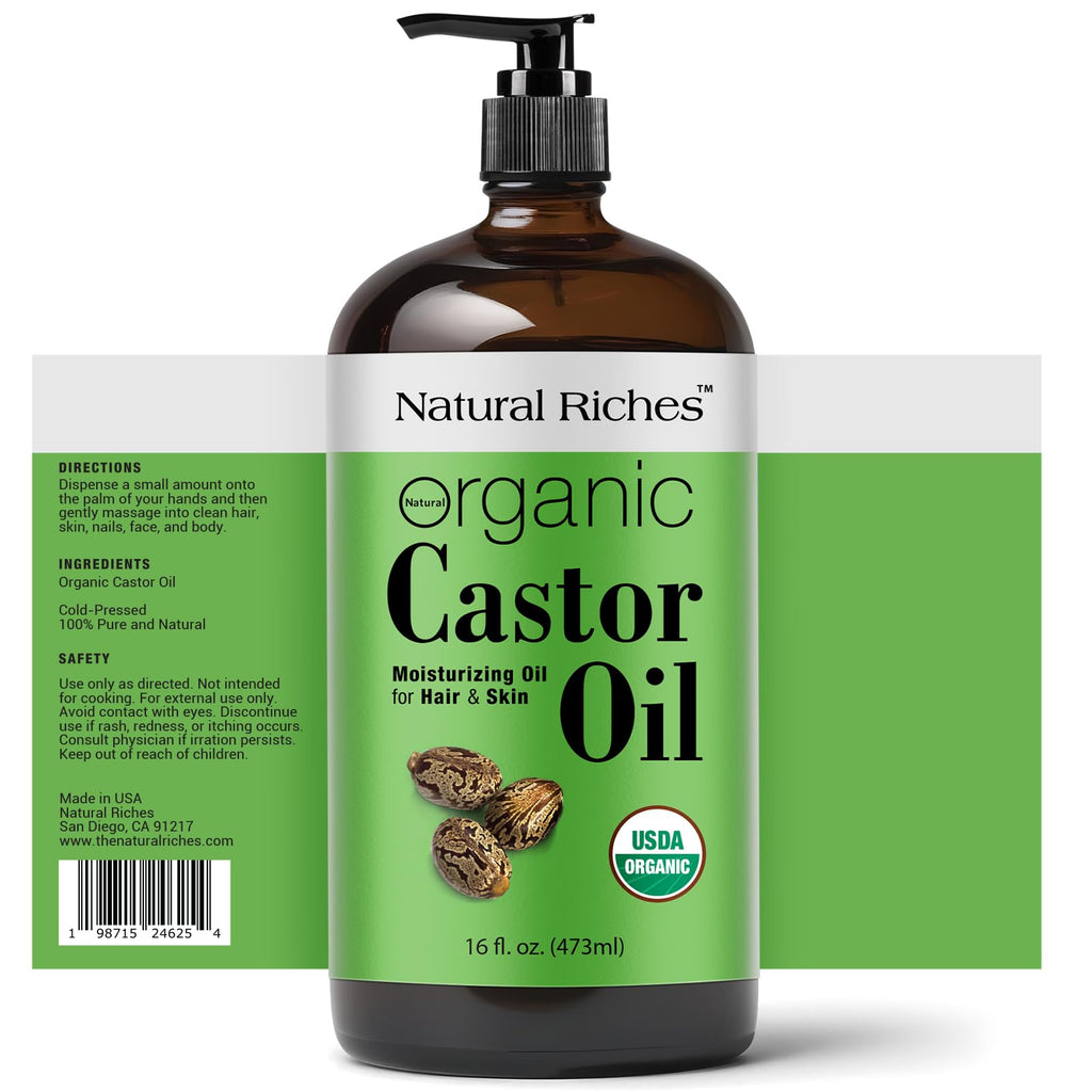 Natural Riches Organic Castor Oil – 16 oz Amber Glass, USDA Certified Organic, Cold-Pressed & Unrefined