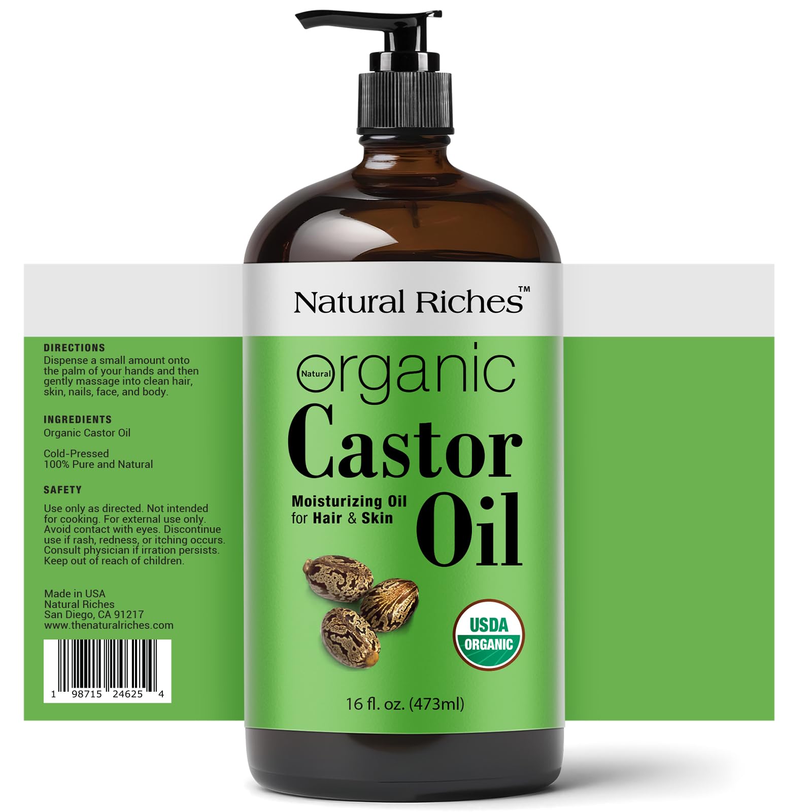 Natural Riches Organic Castor Oil – 16 oz Amber Glass, USDA Certified Organic, Cold-Pressed & Unrefined