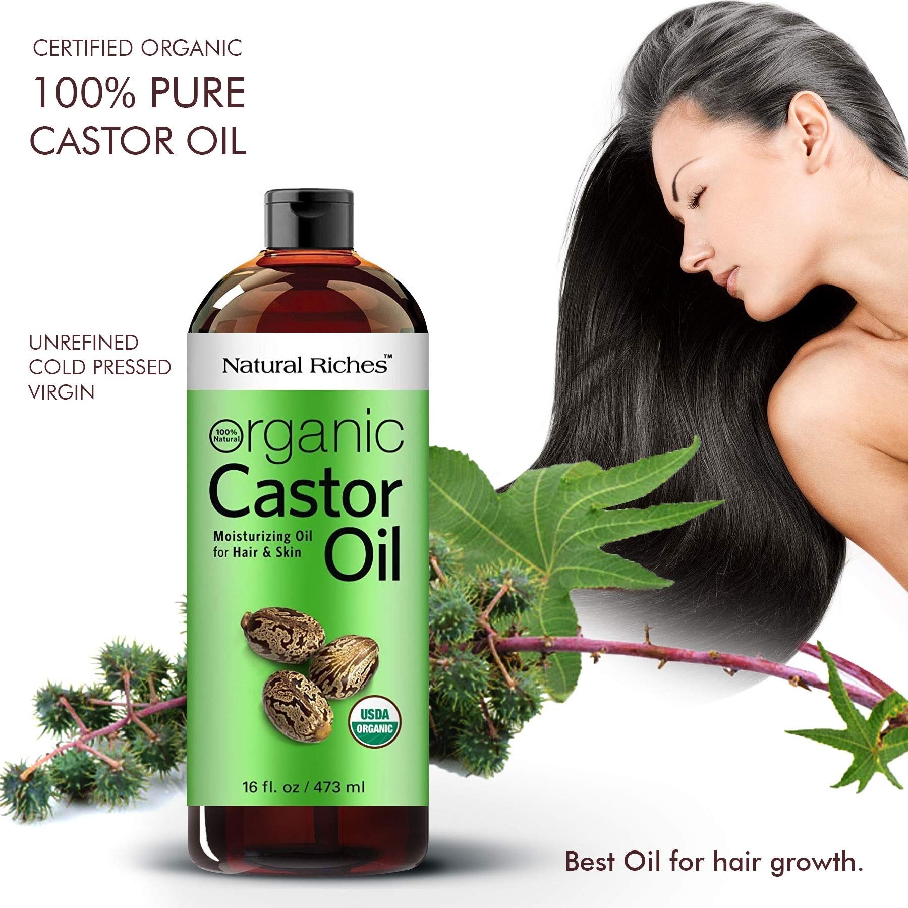 Natural Riches Organic Castor Oil – Cold-Pressed, USDA Organic, Hexane-Free, 16 oz for Hair, Skin & Lash Care