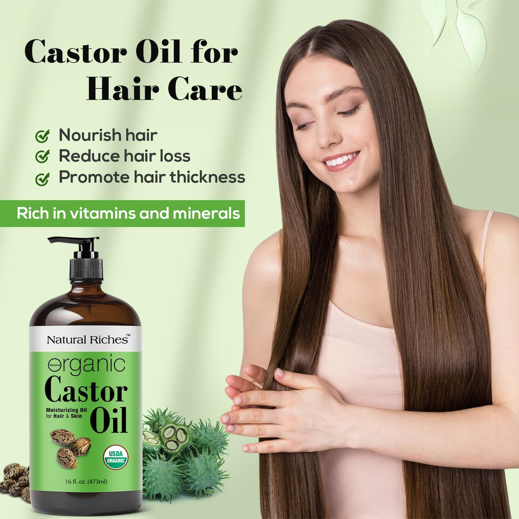 Natural Riches Organic Castor Oil – 16 oz Amber Glass, USDA Certified Organic, Cold-Pressed & Unrefined