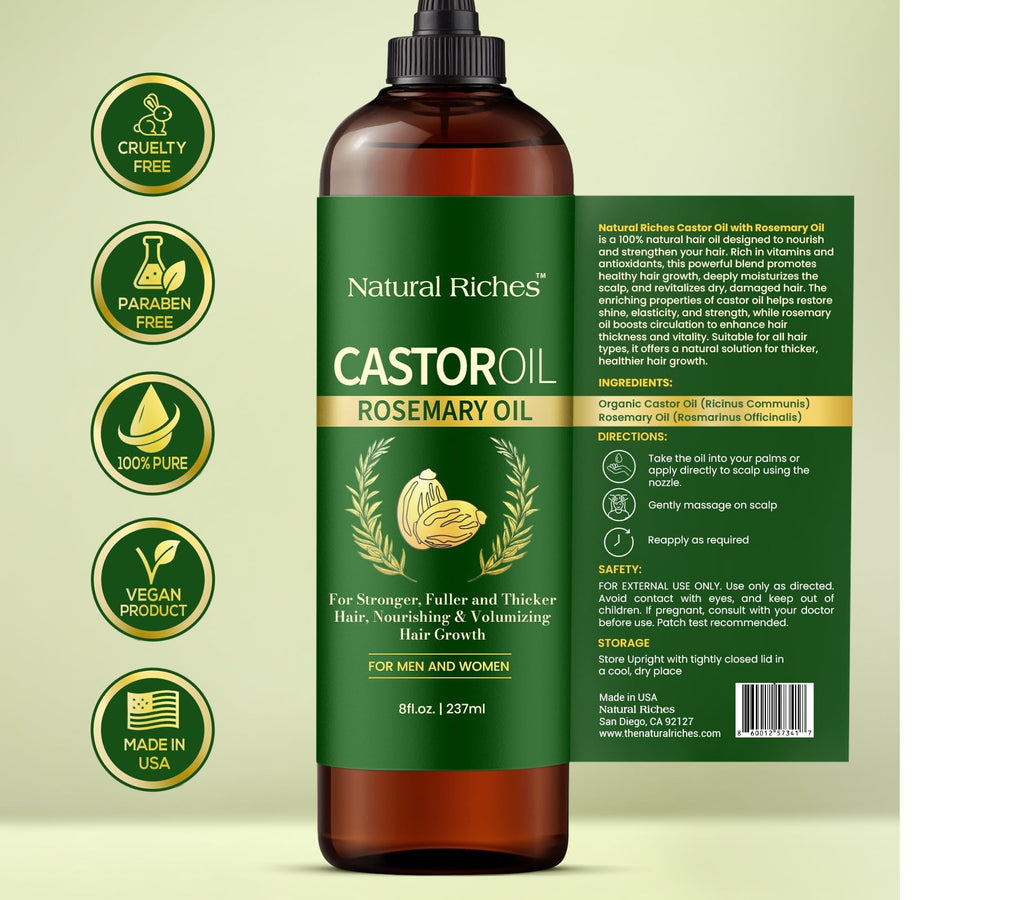 Natural Riches Castor Oil with Rosemary – 8 oz for Stronger, Fuller Hair Growth
