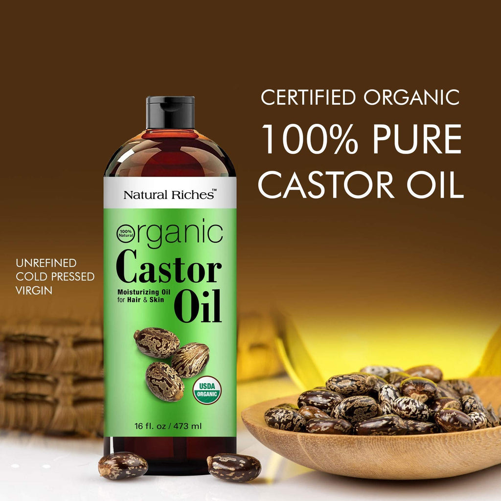 Natural Riches Organic Castor Oil – Cold-Pressed, USDA Organic, Hexane-Free, 16 oz for Hair, Skin & Lash Care