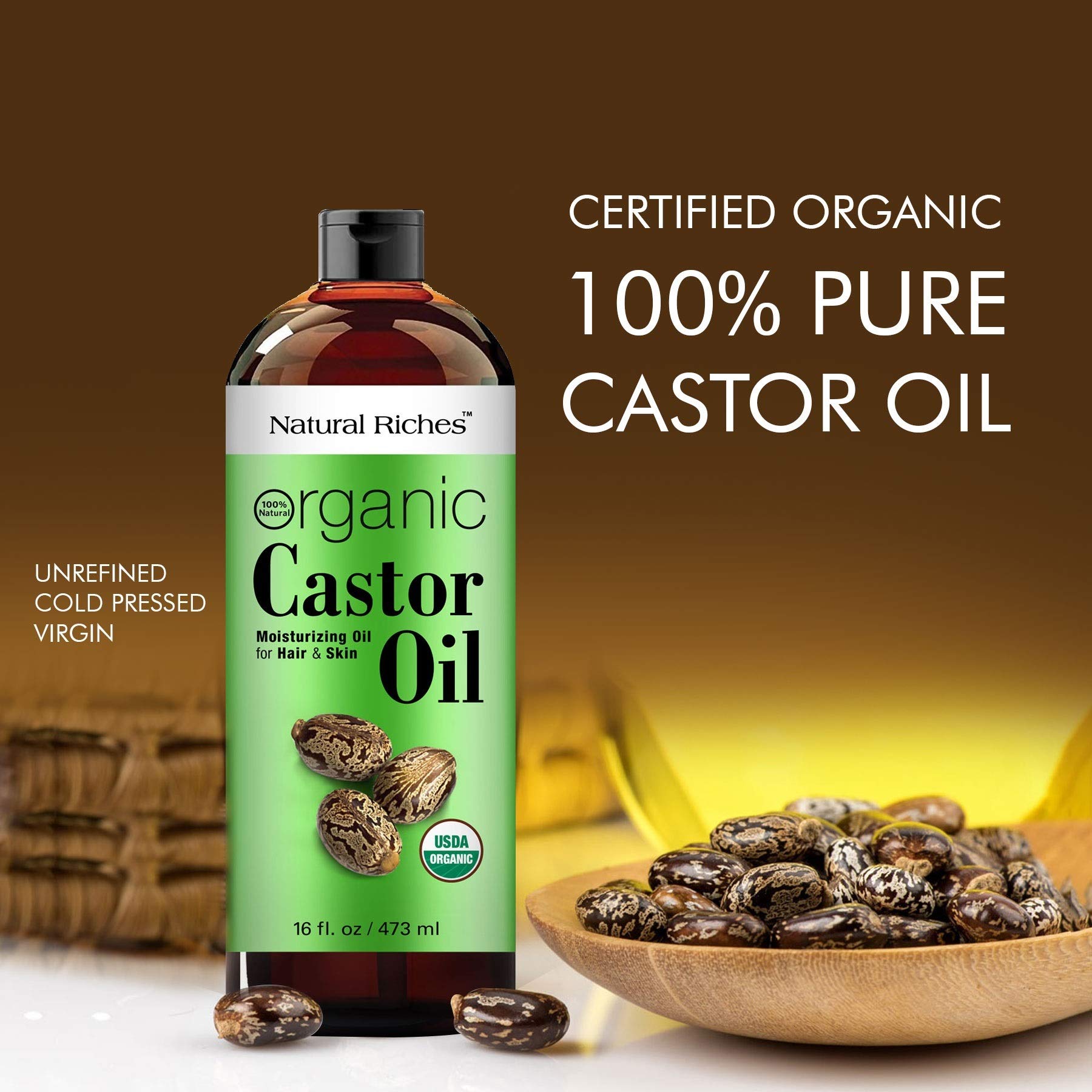 Natural Riches Organic Castor Oil – Cold-Pressed, USDA Organic, Hexane-Free, 16 oz for Hair, Skin & Lash Care