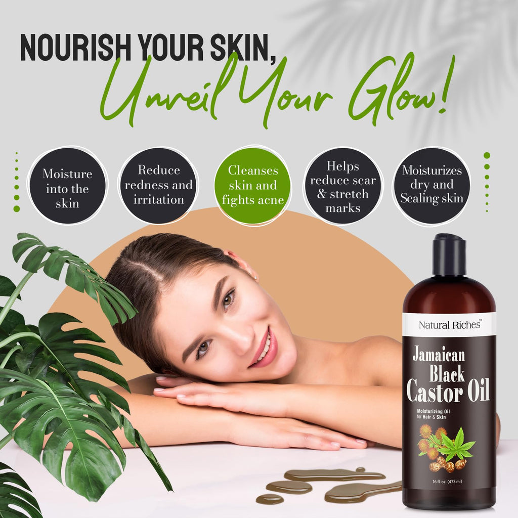 Natural Riches Jamaican Black Castor Oil – Organic Cold-Pressed, 16 oz for Hair, Skin, Lashes