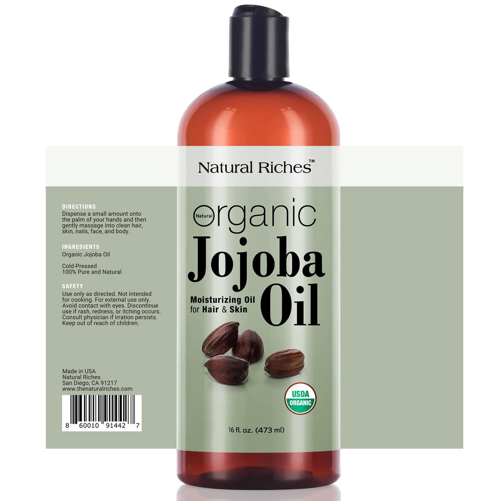 Natural Riches Organic Jojoba Oil, 16 oz | Pure, Cold-Pressed Carrier Oil for Face, Hair & Nails