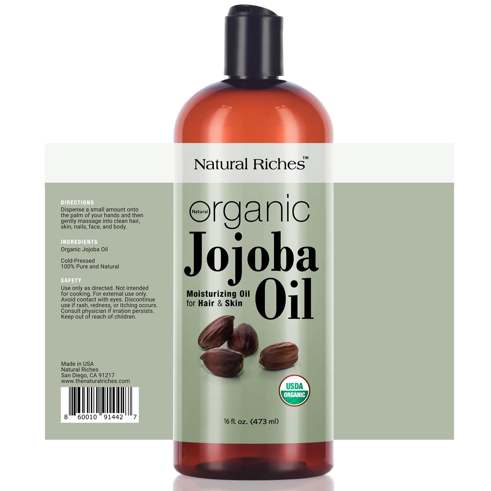 Natural Riches Organic Jojoba Oil, 16 oz | Pure, Cold-Pressed Carrier Oil for Face, Hair & Nails