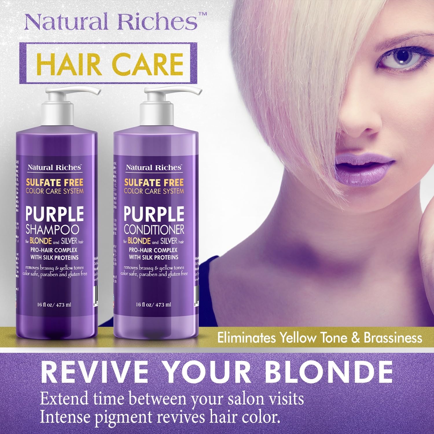 Natural Riches Purple Shampoo & Conditioner Set for Blonde, Silver & Grey Hair – Sulfate-Free (16x2 fl oz)