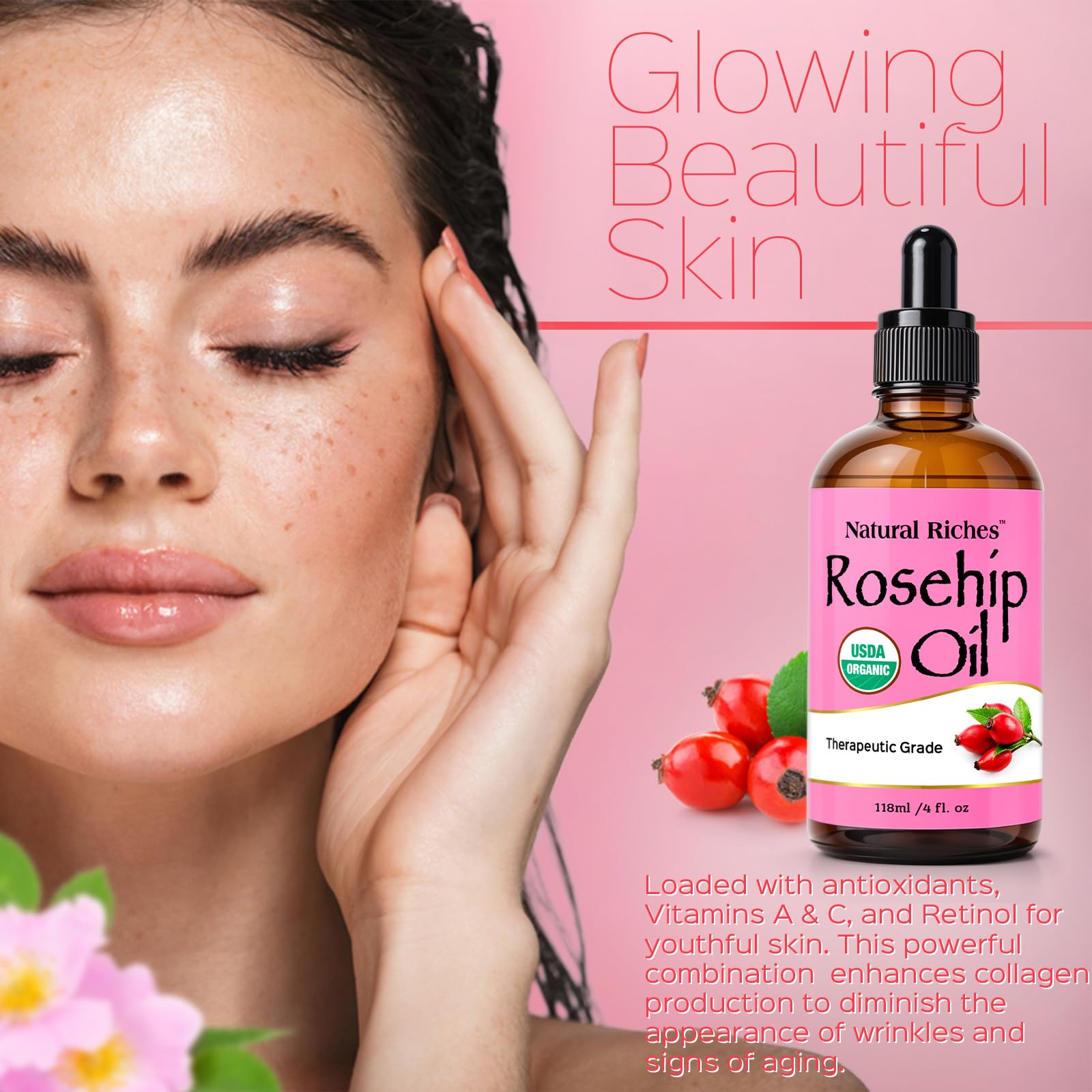 Natural Riches Organic Rosehip Seed Oil – 100% Pure, Cold-Pressed, 4 oz